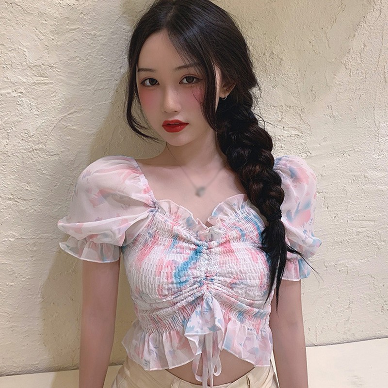 Summer Chiffon Blouse Women Fashion Pleated Contrast Square Collar Short Sweet Solid Color Shirt Tops, Blue
Summer Chiffon Blouse Women Fashion Pleated Contrast Square Collar Short Sweet Solid Color Shirt Tops, Blue