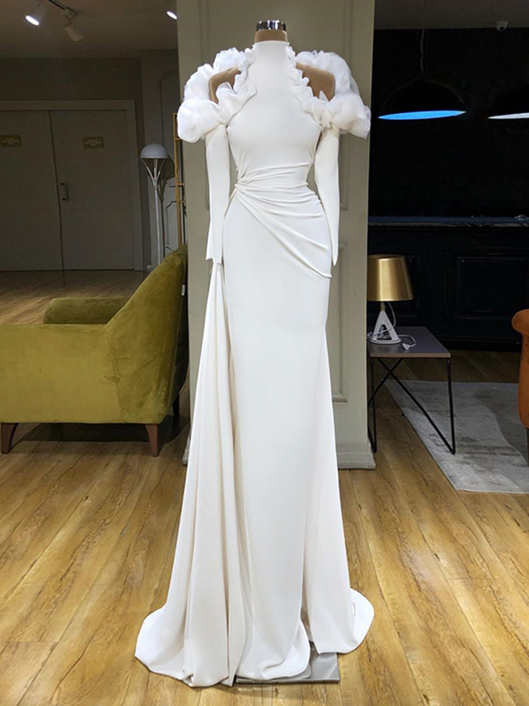 Arabic Robe De Soiree Long Sleeve Evening Dresses Ruffles High Neck Mermaid Prom Dress Satin Modest Formal Party Gowns