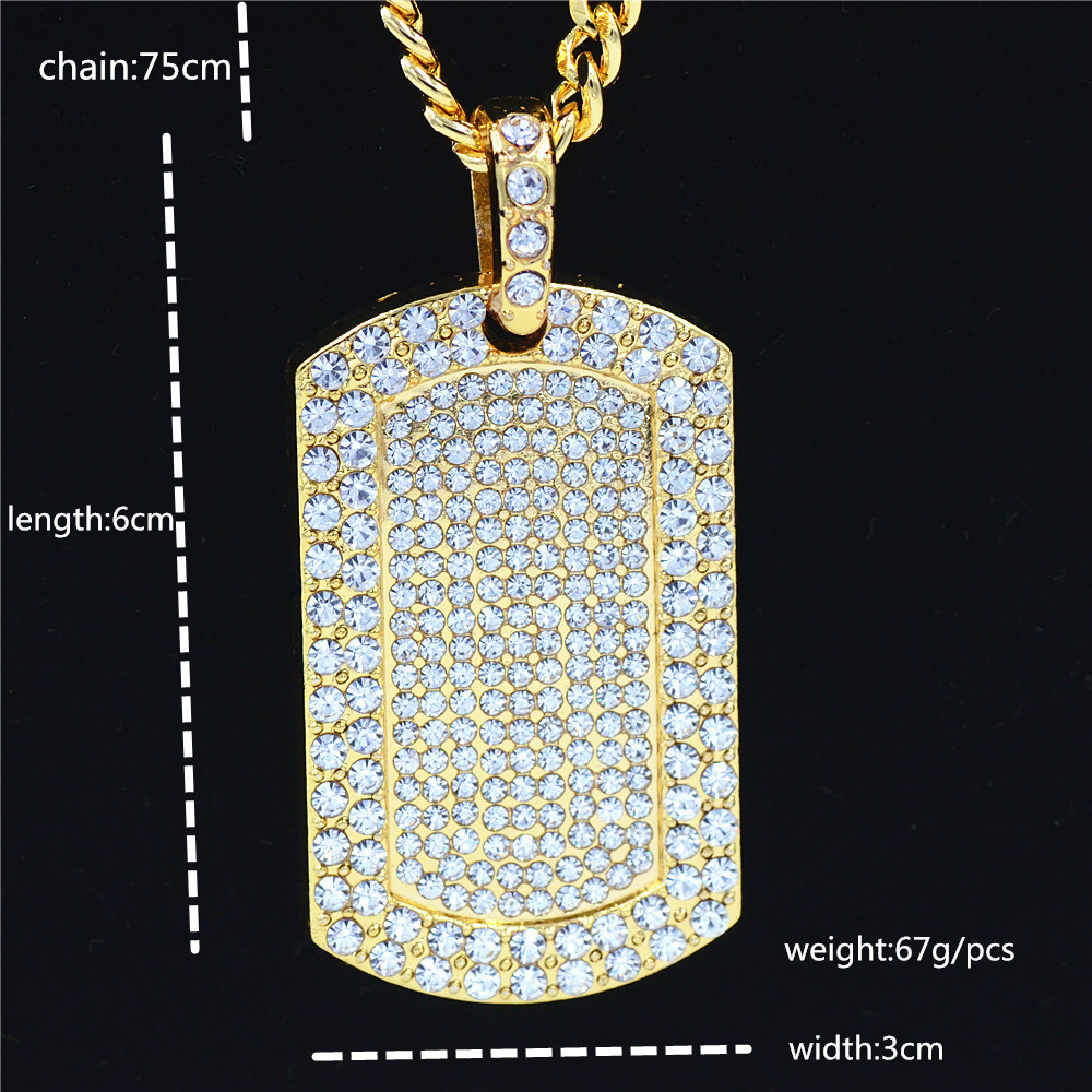 2020 mens jewelry Vintage Men's Pendant Filled Iced Out Rhinestone Gold Color Charm Square Dog Tag Necklace With Cuban Chain Hip Hop Jewelry