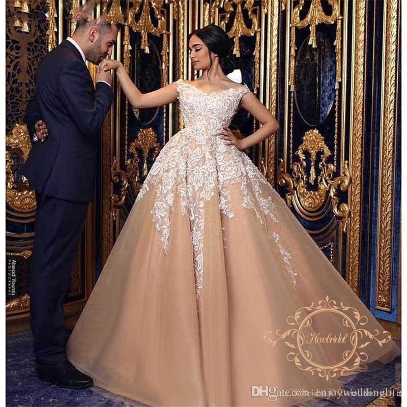 Champagne Plus Size A Line Dresses Off Shoulder Lace Applique Pleats Floor Length Wedding Dress Bridal Gowns Vestidos De Noiva