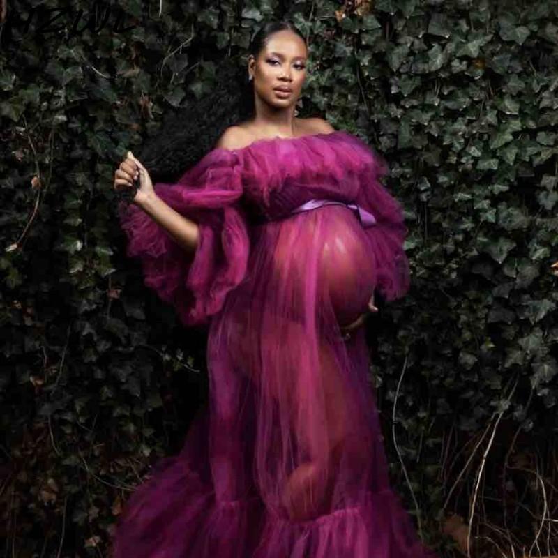 Purple Pregnant Women Party Dress Off Shoulder Tulle Ruffles Plus Size Prom Dress See Through Sexy Maternity Photoshoot Gowns Vestidos
