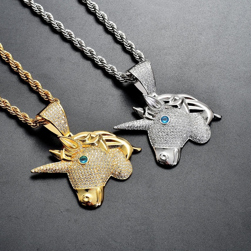Fashion- Hip Hop Necklace New Gold Unicorn Pendent Necklaces Ice Out Gold Plated Pendant Necklce Hiphop Jewlery