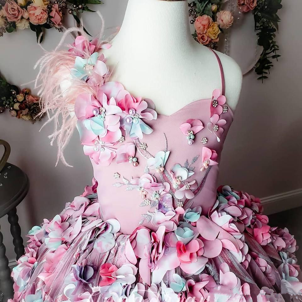 luxurious feather lace flower gilr dresses hand made flowers beaded little girl wedding dresses beautiful child pageant dresses gowns