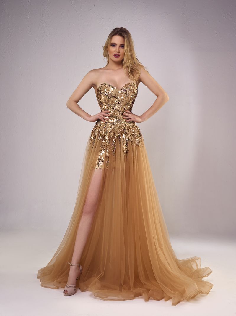 2022 Gold Prom Dresses Sweetheart Sexy Thigh High Slits Sequined Evening Dress Custom Made Cocktail Party Gowns Women Formal Wear