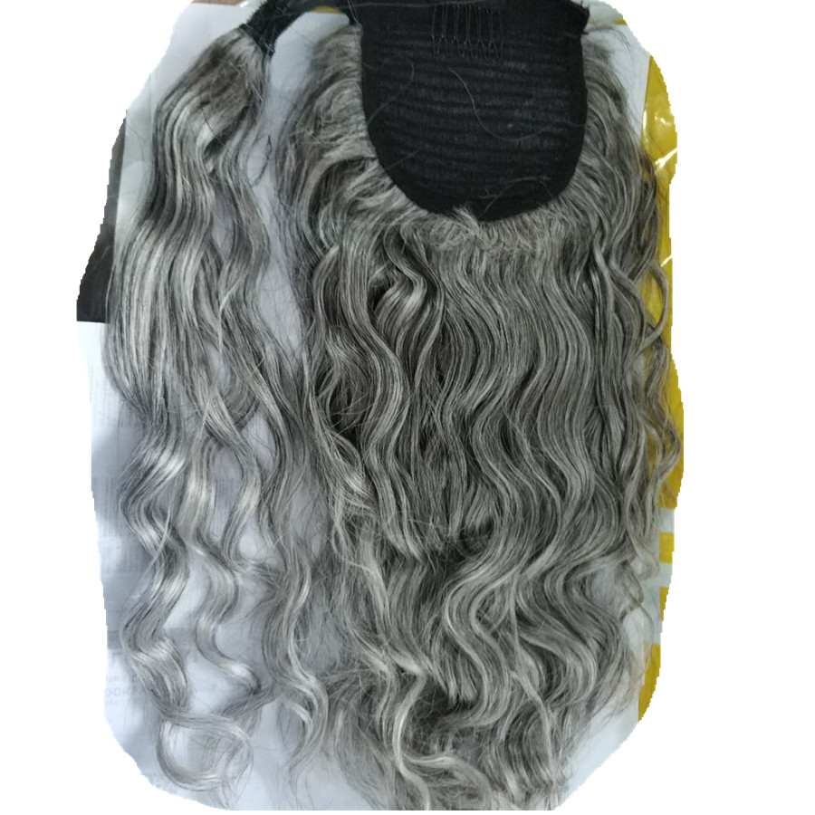 Silver curly grey human hair pony tail hairpiece Salt & pepper naturally wraps around human ponytail romatic kinky curly 140g 120g
