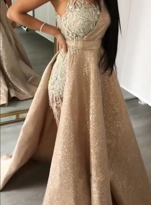 Shinning Sexy Prom Dresses With Detachable Skirt Lace Appliques Beads Crystals Celebrity Party Cocktail Dress Sheer Neck Evening Gowns