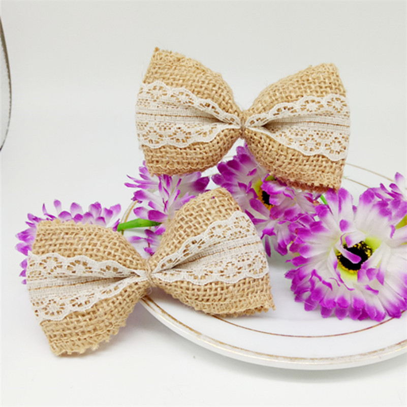 10pcs Vintage Natural Jute Burlap hessian bows lace ribbon Wedding Decoration rustic mariage jute burlap ribbon bow knot