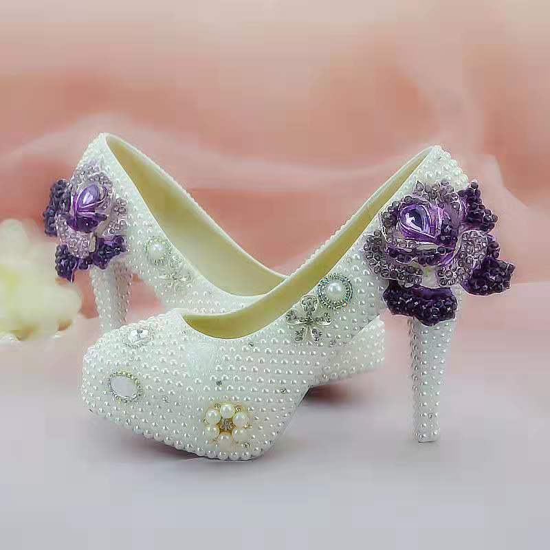 Pearls Flower Wedding Shoes Diamond Purple Rose Pumps High Heels Bridal Shoes 8cm 11cm 14cm Bling Bling Prom Shoes for Lady