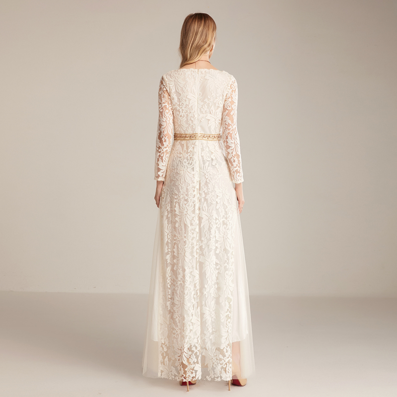 Women's Runway Dresses O Neck Long Sleeves Embroidery Lace Beaded Waist Elegant Fahion Maxi Party Prom
