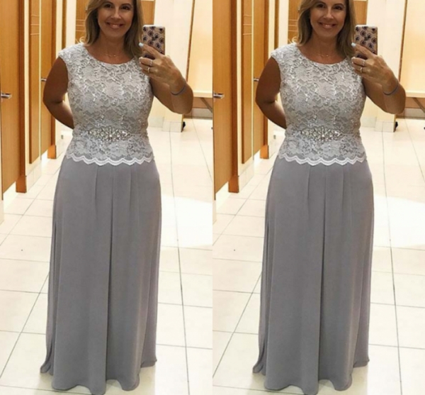 2020 Newest Elegant Plus size Silver A-Line Chiffon Long Mother Dresses With Crystal Sash Formal Evening Prom Gowns
