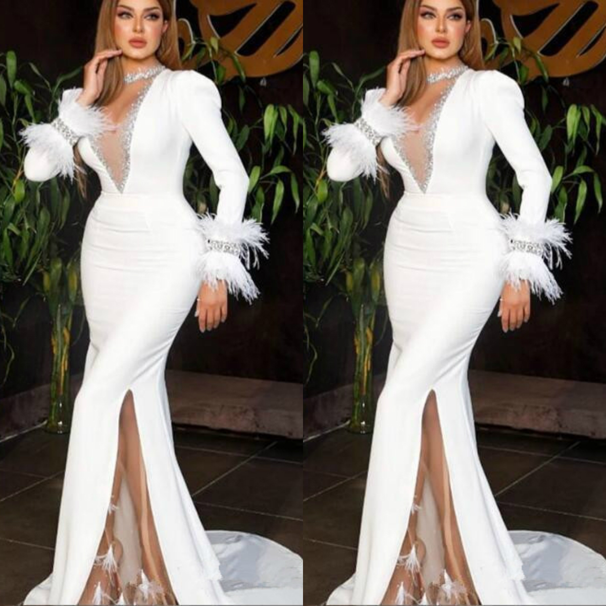 Feather White Long Sleeve Mermaid Prom Dress 2020 Sheer V Neck Side Split African Formal Evening Gowns