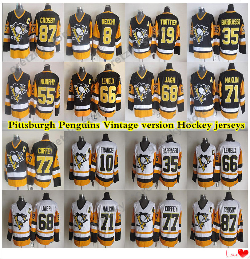 Men's Pittsburgh Penguins Vintage jerseys 87 CROSBY 66 LEMIEUX 68 JAGR 71 MAKLIN 19 TROTTIER 77 COFFEY 35 BARRASSO CCM Hockey Jerseys, Black
Men's Pittsburgh Penguins Vintage jerseys 87 CROSBY 66 LEMIEUX 68 JAGR 71 MAKLIN 19 TROTTIER 77 COFFEY 35 BARRASSO CCM Hockey Jerseys, Black