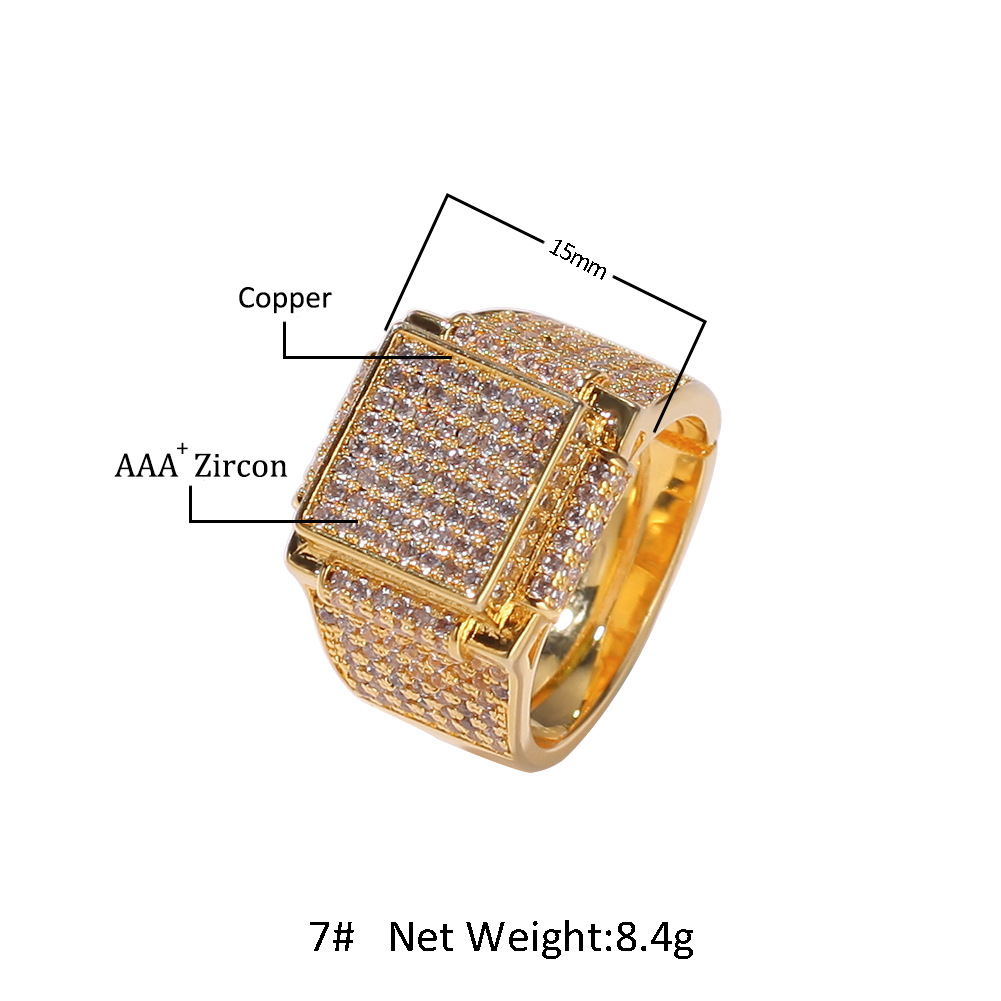 Men's Hip Hop Square Rings 18k Real Gold Plated Bling Cubic Zircon Diamond Finger Ring Jewelry Gift