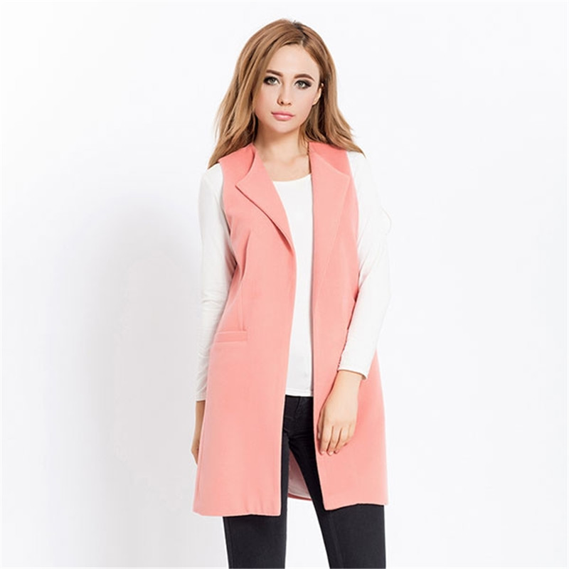 Wholesale-Women Autumn Spring Wool Blend Vest Waistcoat Lady Office Wear Long Waistcoat Women Coat Casual Sleeveless Vest Jacket Plus Size