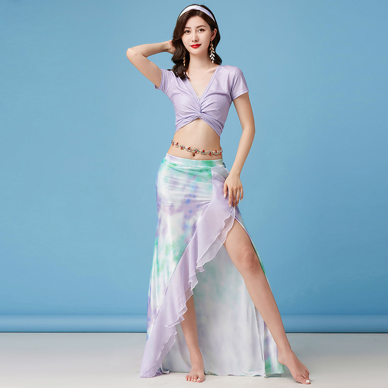 Women Dance Clothes Tie-dyed Belly Dance Costume Set 2pcs Top and Skirt with Ruffle Gilrs Practice Suit, Light green
Women Dance Clothes Tie-dyed Belly Dance Costume Set 2pcs Top and Skirt with Ruffle Gilrs Practice Suit, Light green