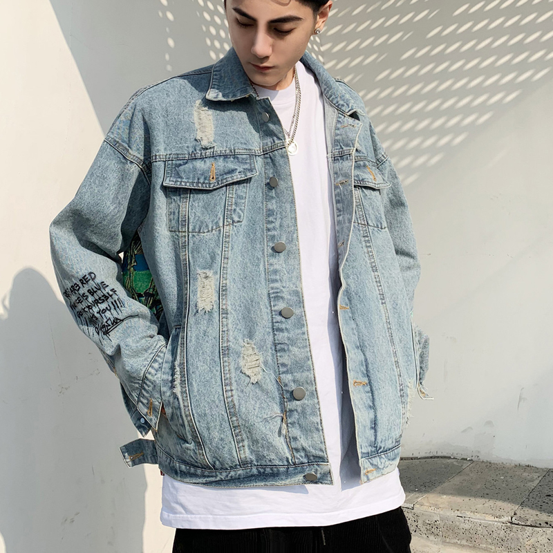 Devil Hand painted printing Men Denim Jacket Cartoon Graffiti Print Loose Coats Vintage Hip Hop Leisure Outerwear L290 S191019