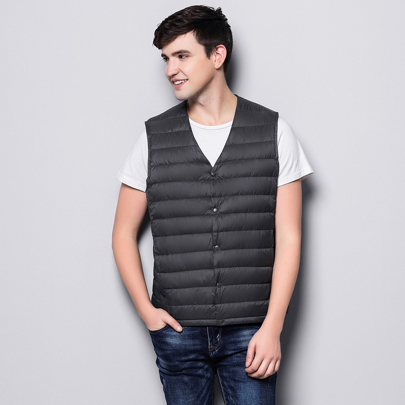 2019 New Man Ultra Light Down Vest Spring Autumn Sleeveless V-Neck Vest Male Casual Winter Collarless Waistcoat Men