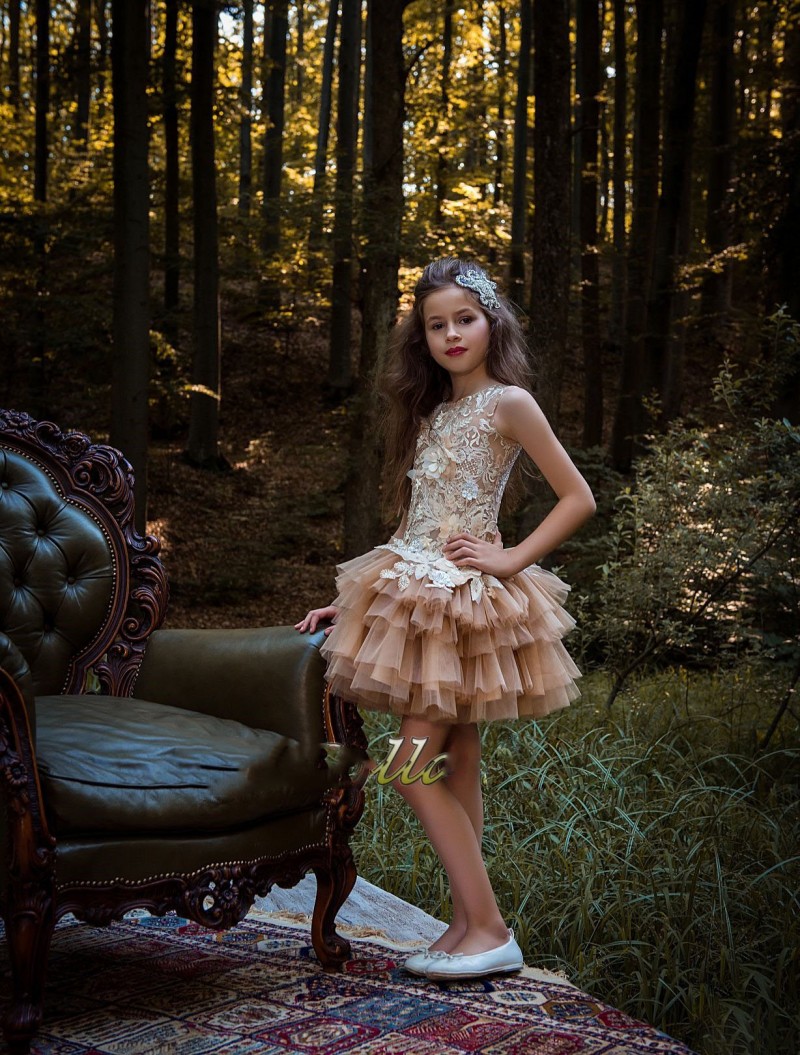champagne girls pageant dresses with jewel neck sleeveless ruffles skirt backless mini flower girl dresses for weddings