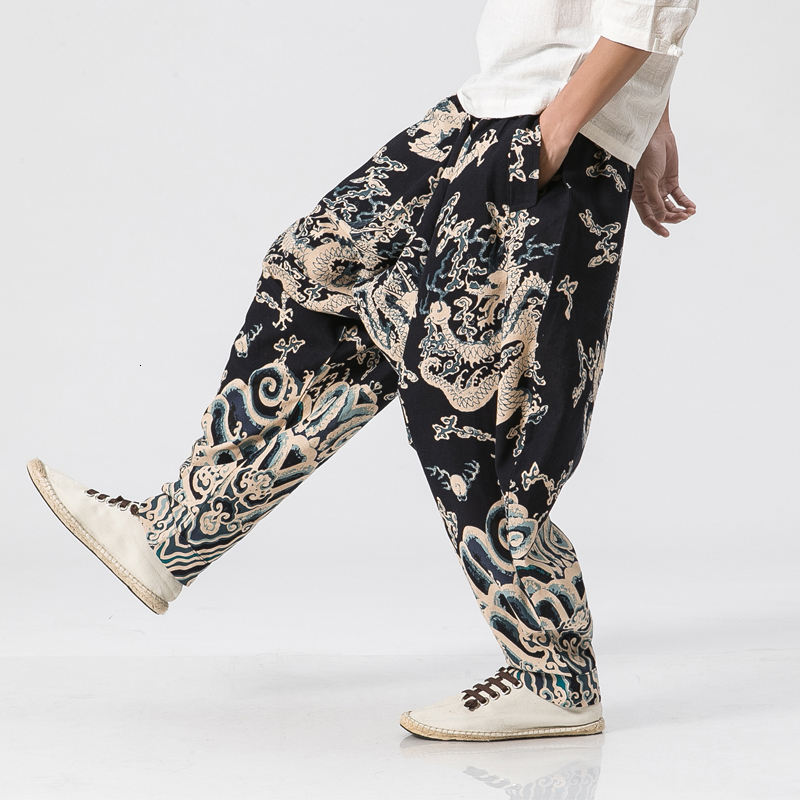 New Dragon Printing Harem Pants Men Chinese Style Casual Loose Cotton Linen Sweatpants Jogger Pants Mens Streetwear Trousers CJ191210