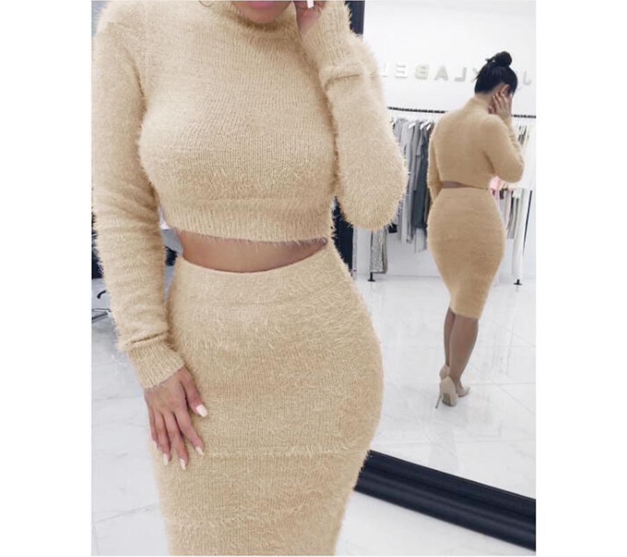 Echoine Women Party Sweaters Skirts Outfits Solid Long Sleeve Bodycon Stretch Casual Female Knitted Sweater Tops Skirt 2PCS Sets