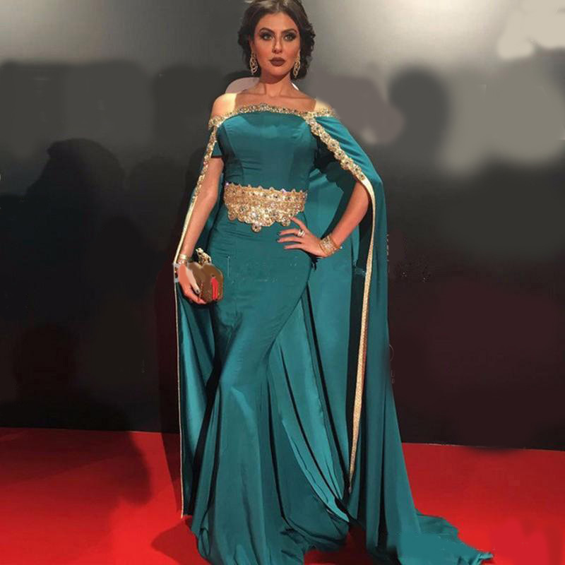 Sexy Off Shoulder Sheath Evening Dresses Long with Cloak Gold Crystal Beads New Arrival African Formal Prom Dresses Kaftan Celebrity Gowns