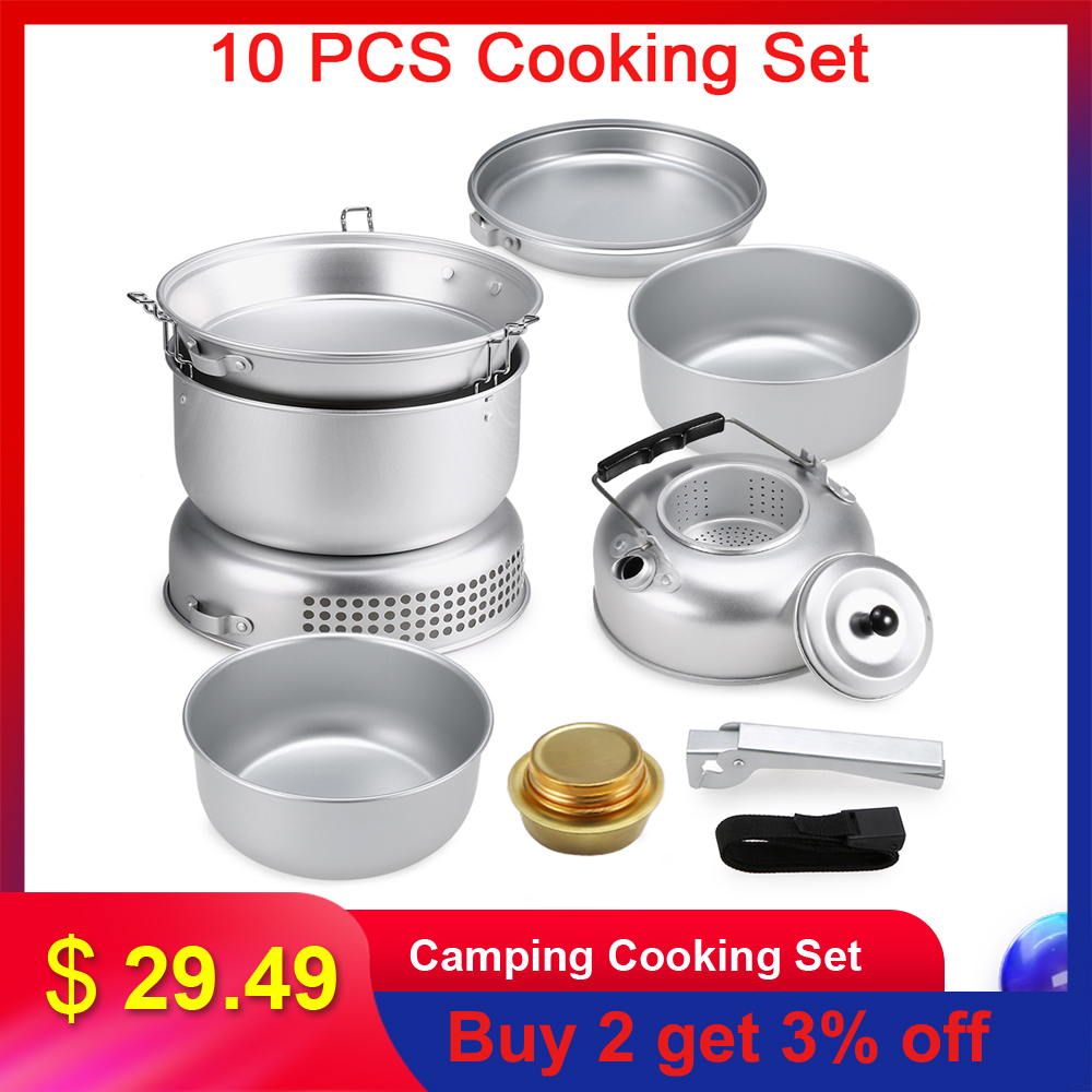 10 PCS Outdoor Camping Cooking Set Portable Cookware Cookout Utensil Dish Plate Pots Water Kettle Alcohol Stove Wind Shield
10 PCS Outdoor Camping Cooking Set Portable Cookware Cookout Utensil Dish Plate Pots Water Kettle Alcohol Stove Wind Shield
