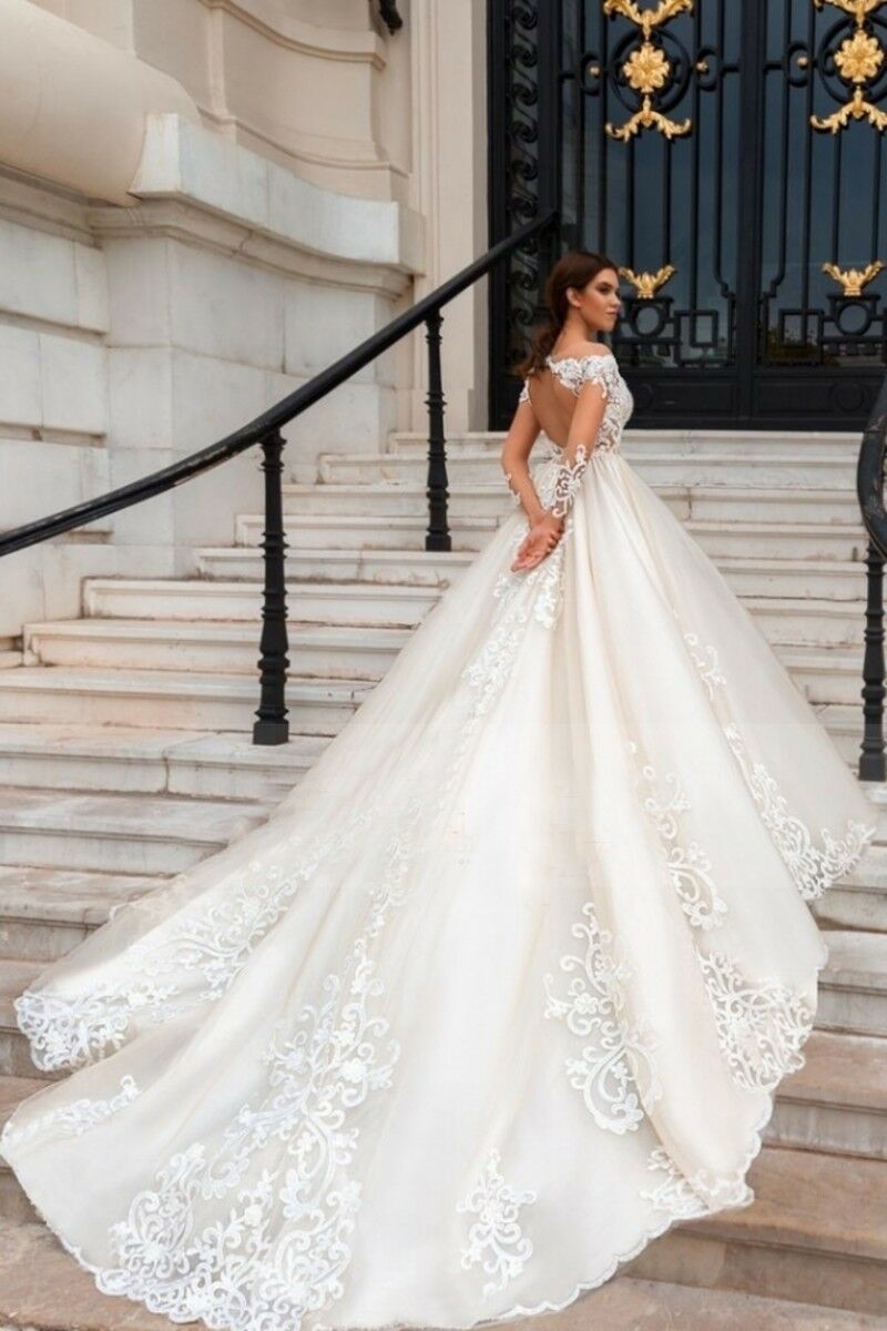 naviblue wedding dresses long sleeve lace appliques hollow sweep train chapel bridal gowns plus size beach vestido de novia