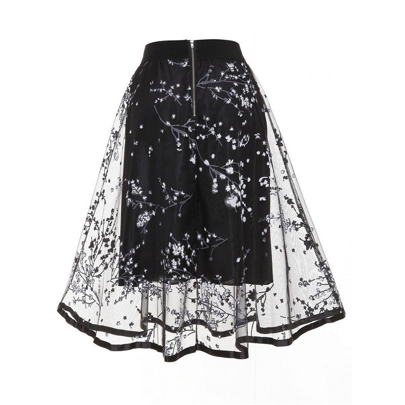 Women Casual Vintage Fashion European Style Fashion Floral Embroidery Elegant A-line Organza Tulle Skirt Black Red Green Drop Ship