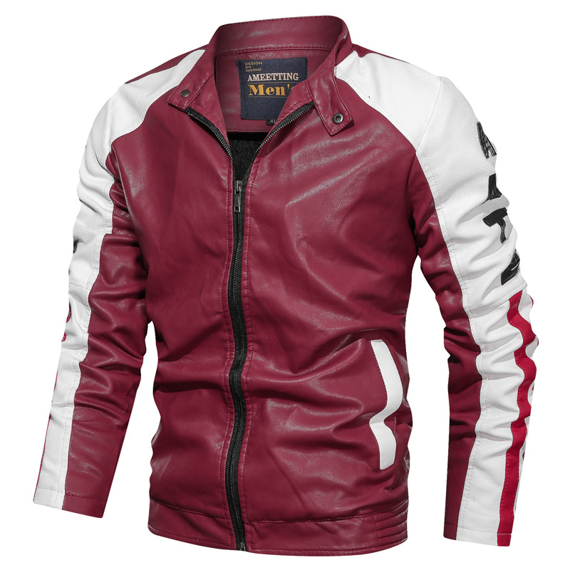 Mens Leather Jackets, Casual Patchwork Stand Collar Zipper Coats B1