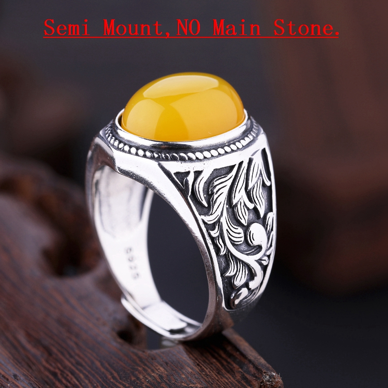 925 Silver Engagement Ring Unisex Sterling Semi Mount Ring Setting fit 12x15mm Oval Cabochon Amber Turquoise Art Deco Vintage