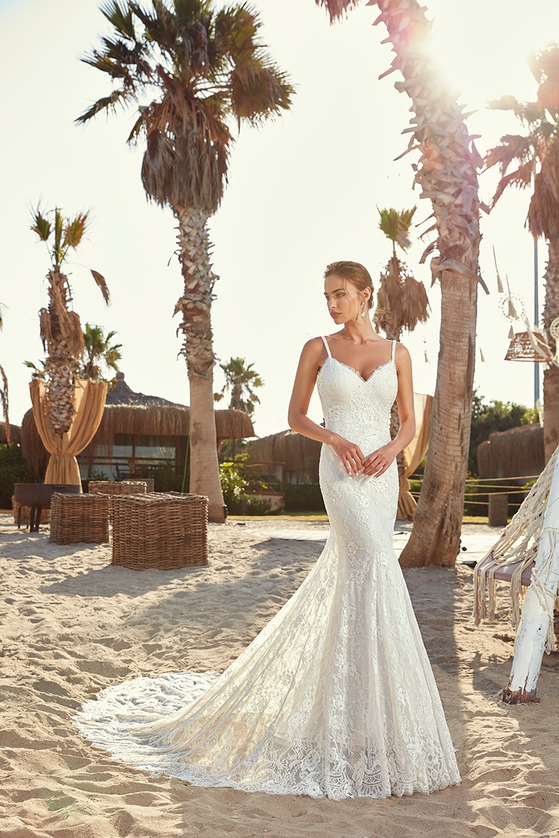 eddy k mermaid wedding dresses lace appliqued spaghetti neck backless bridal gowns full lace trumpet sweep train beach wedding dress