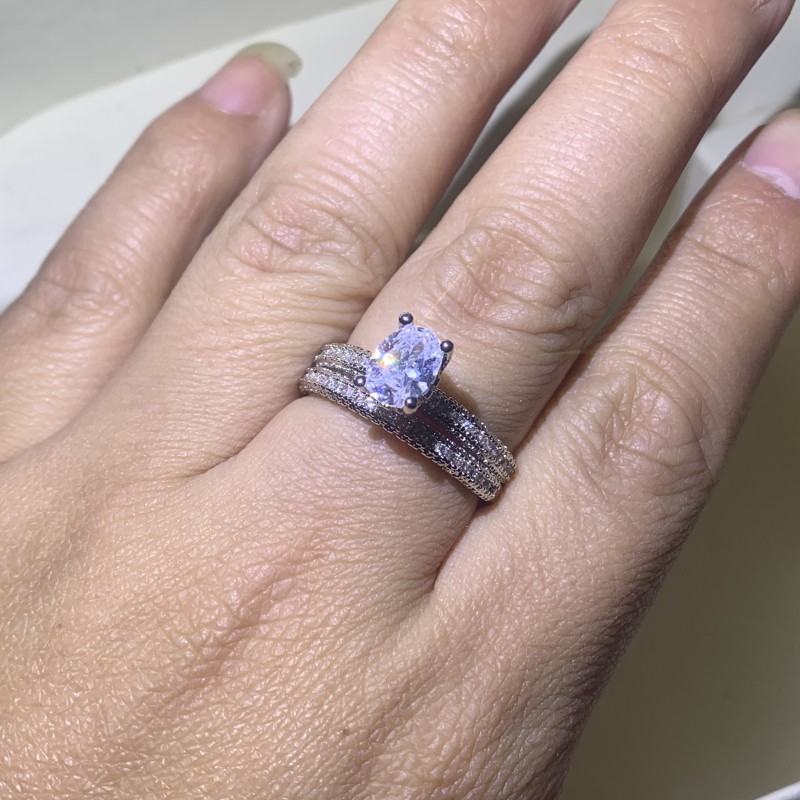 Couple Rings 2pcs Stunning Deluxe Jewelry 925 Sterling Silver Oval Cut White Topaz Pave CZ Diamond Party Women Wedding Bridal Ring Set Gift