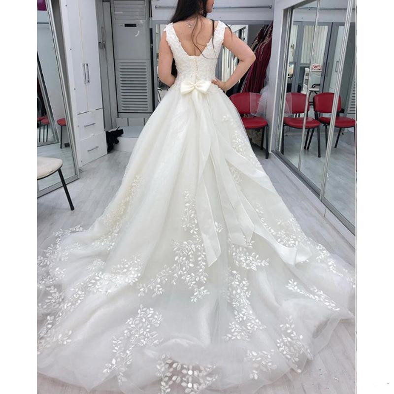 elegant v neck wedding dresses lace appliques backless sweep train bridal gowns with bow country plus size wedding dress