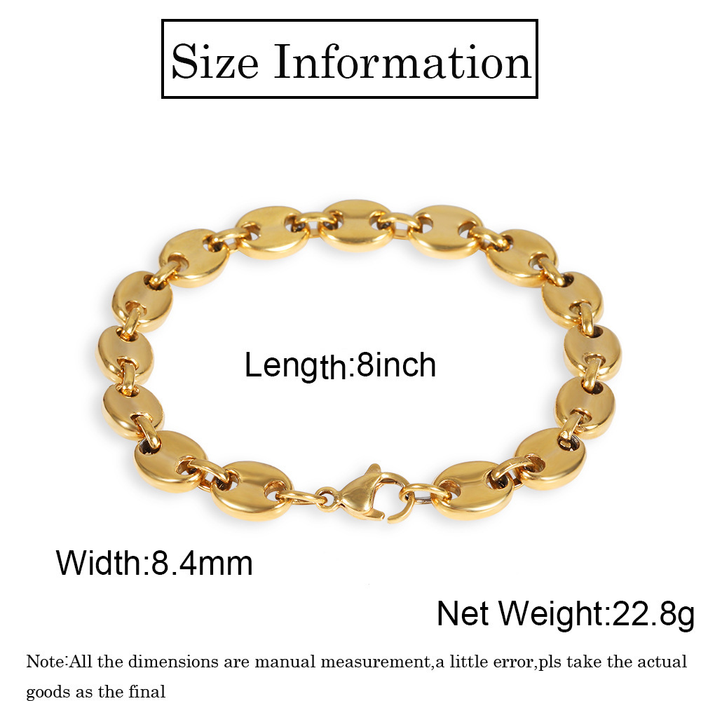 7-9inch Hip Hop Handcuffs Shape Chain Bracelets Stainless Steel 18K Gold Plated Coffee Beans Links