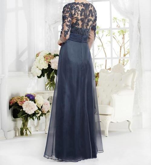 Vintage Navy Blue Mother Of The Bride Groom Dress 3/4 Sleeves Appliques Lace V Neck Long Custom Made Evening Party Prom Gowns