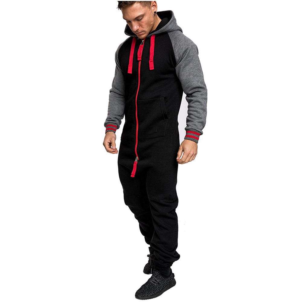 Mens Jumpsuit Stitching Plus Velvet Tracksuit Hooded Pullover Sweatshirt Sport Suit Training Gym Fitness Tracksuits Running Set