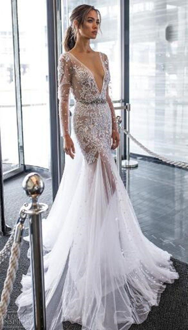 2019 Dimitrius Dalia Mermaid Wedding Dresses Bridal Gowns robe de mariée Long Sleeve V Neck Lace vestito da sposa Beach boho wedding dress