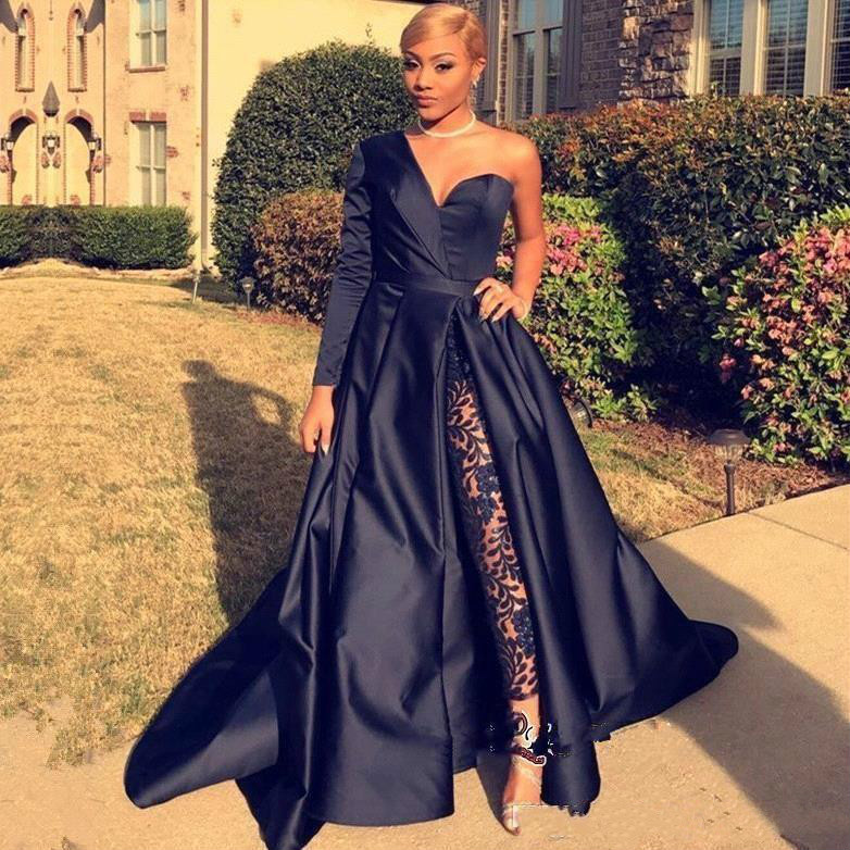 Dubai One Shoulder Evening Dresses Pant Suits 2020 A Line Royal Navy High Split Long Sleeves Formal Party Jumpsuit Celebrity Prom Gowns