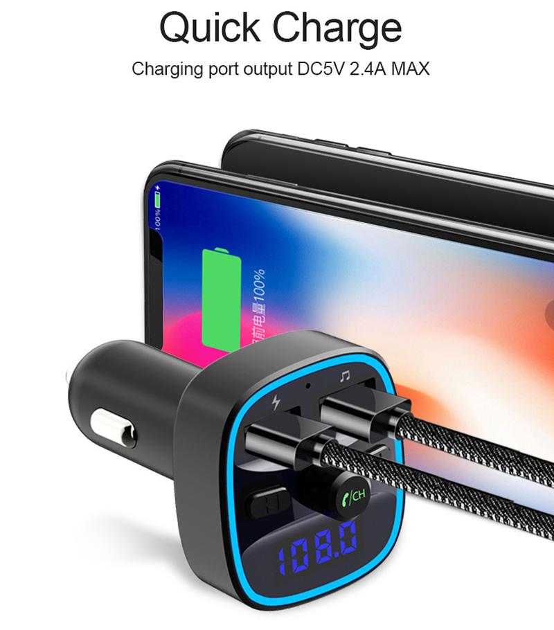 Bluetooth FM Transmitter Blue Ambient Ring Light Wireless Radio Car Receiver Adapter Kit With Hands-Free Calling Dual USB Charger