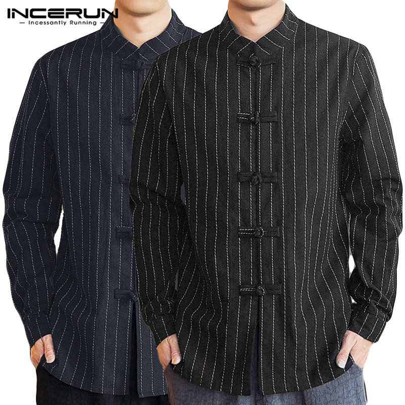 INCERUN Chinese Style Costume Men Fashion Striped Casual Joker Buckle Collar Shirt Retro Baggy Comfort Cotton Mens Blouse 2019, Black 
INCERUN Chinese Style Costume Men Fashion Striped Casual Joker Buckle Collar Shirt Retro Baggy Comfort Cotton Mens Blouse 2019, Black