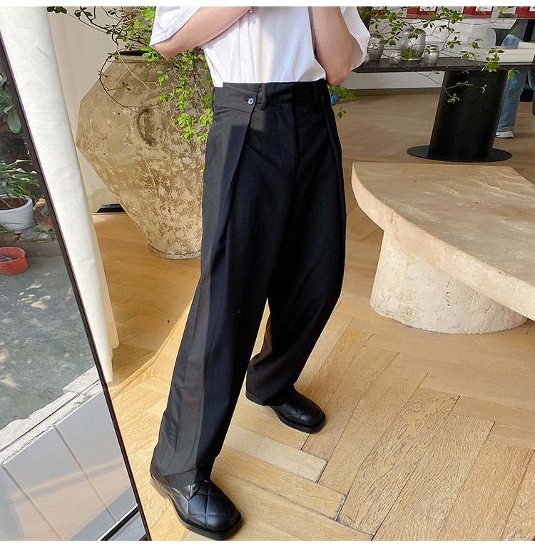Men Cotton Blend Wide Leg Casual Long Suit Pants Streetwear Fashion Show Trousers Black Drawstring
