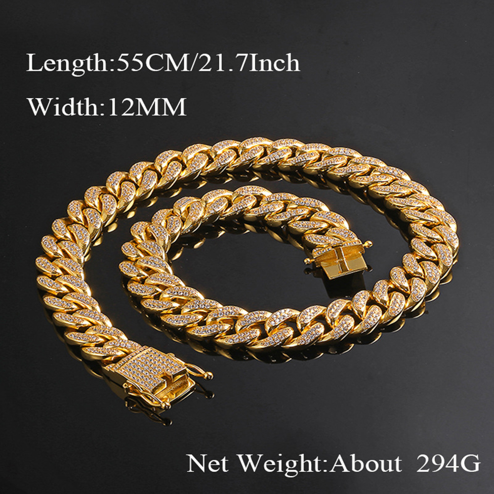 12MM Men's Hip Hop Cuban Chain Necklaces Shining Bling 18K Real Gold Plated Full Cubic Zirconia Setting Chains Jewelry