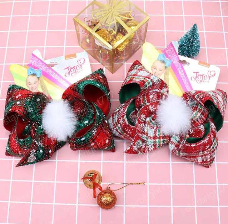 Christmas Plaid Hairpin 7 Inch JOJO Bowknot Barrette With Pompoms Kids Children Boutique Large Bow Hair Clips Girls Hair Pin