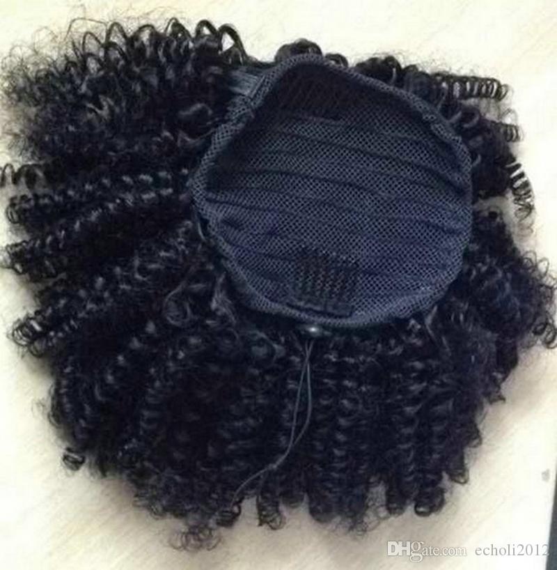 Natural short ponytail hairstyle for women 120g Afro Curl Drawstring Ponytail Puff Human Hair Chignon two Combs Updo KINKY CURLY Afro hair