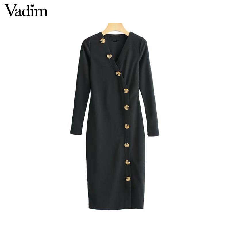 Vadim women V neck black midi dress buttons long sleeve slim fits dresses solid female casual chic sheath vestidos QB006
Vadim women V neck black midi dress buttons long sleeve slim fits dresses solid female casual chic sheath vestidos QB006