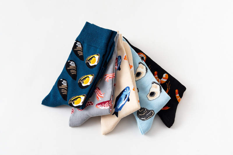 5 pair/lot men's socks novelty popular sea food animal fruit cartoon style colorful funny long socks for man causal dress
