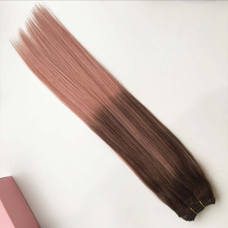 Brazilian Remy Hair 100% Human Hair Weft Balayage Ombre Color Darker Brown Fading to Rose Golden Straight Sew in Hair Bundles