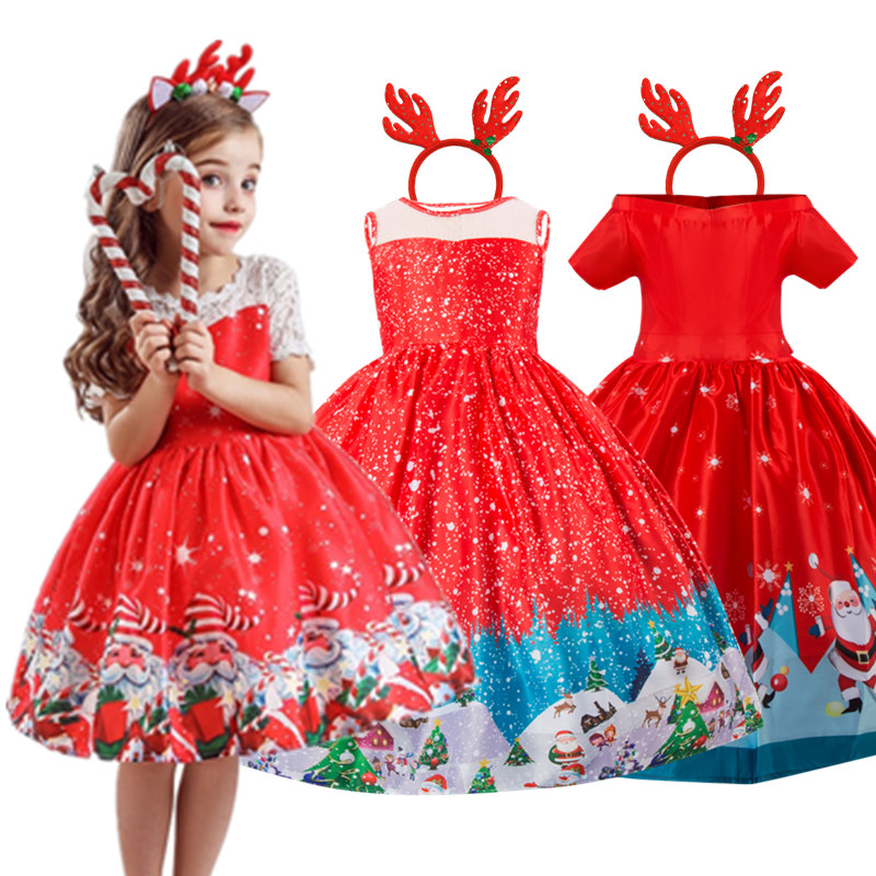 Red Christmas Dress Santa Clus Pattern flower girl New Year Costume Kids Dresses For Girls Xmas Evening Party Ball Gown Clothes 3-10 Years