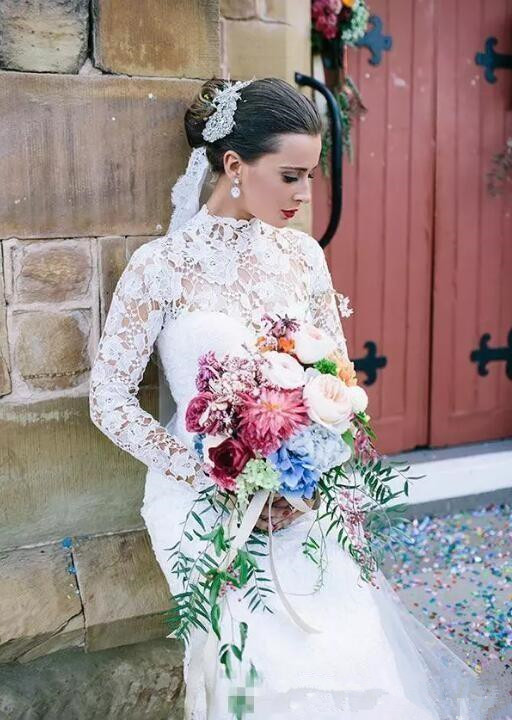 Long Sleeve High Neck Dresses Lace Floor Length Mermaid Modest Design Bridal Gowns For Outdoor Wedding 2019 Custom Made 93 0510