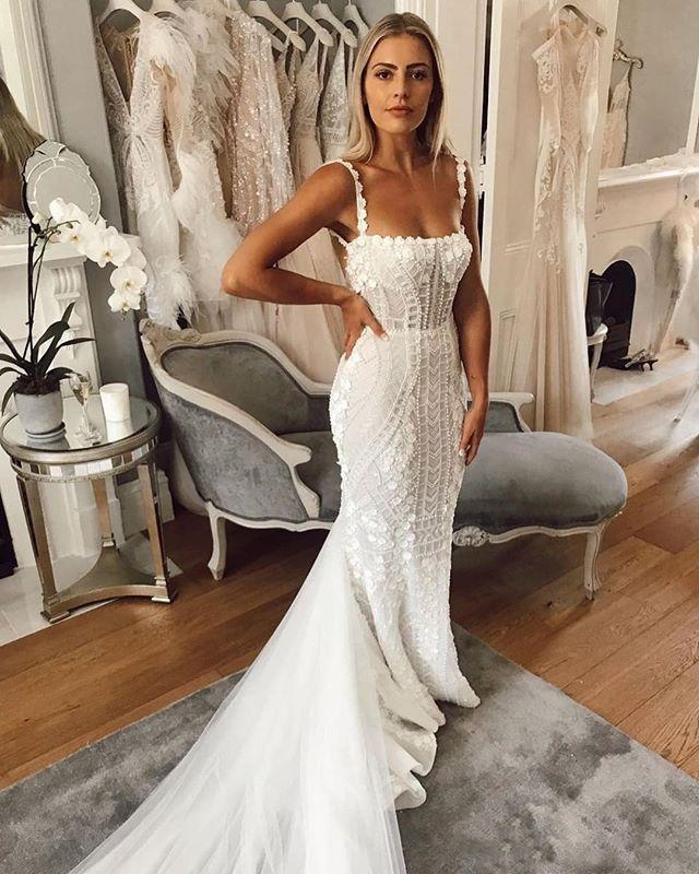 Mermaid Pearls Berta Dresses Lace Appliqued Spaghetti Neck Bridal Gowns Sweep Train Beach Wedding Dress Vestidos De Novia